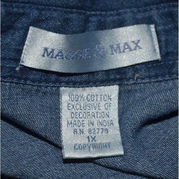 Maggie & Max Women's Blue Button Up Denim Floral Embroidered Shirt Top Size1X - Picture 7 of 9